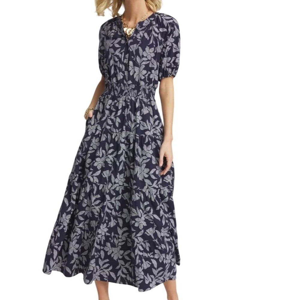 Chico's 2 Poplin Smocked Waist Maxi Dress Navy Blue Floral Cotton Blend Sz 12 L
